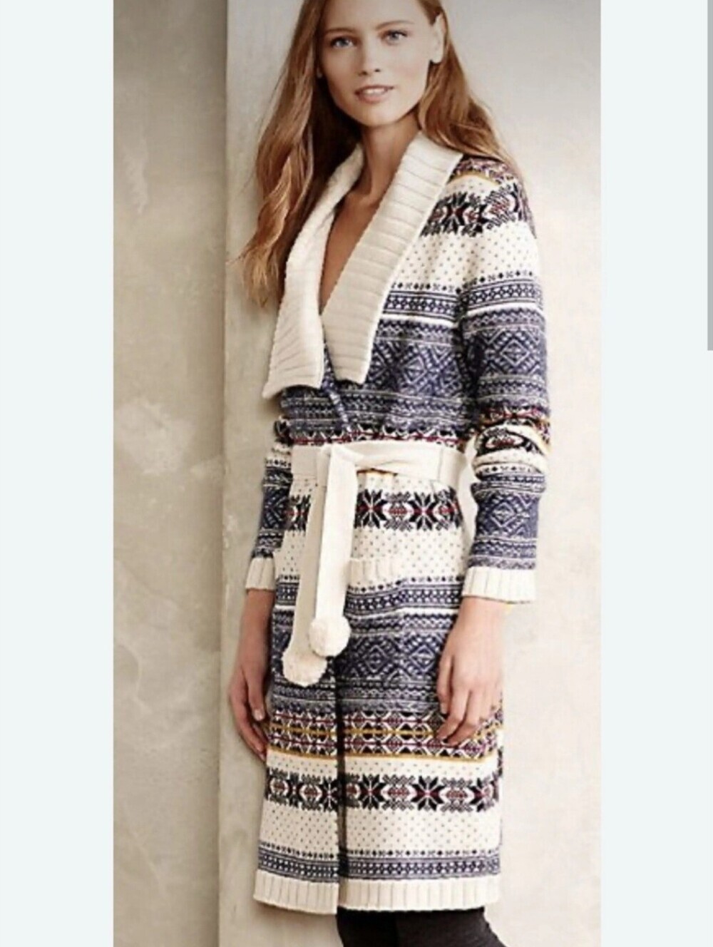 Anthropologie E By Eloise Fireside Cardigan Fair Isle Knit Sweater Robe Size M/L
